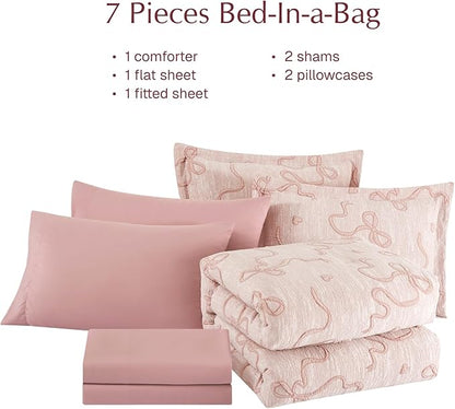 Geniospin Pink Queen Comforter Set for Girls- 7 Pieces Bowknot Jacquard Bed in A Bag Queen Bedding Sets with Sheets, Pillowcases & Shams, All Season Kids Comforter Set