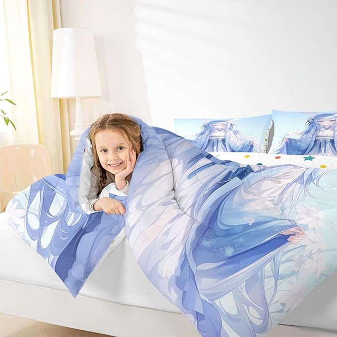 Erosebridal Traditional Japanese Girl Comforter Set Kawaii Decor, 3D Anime Girl Bedding Comforter Sets Cartoon Japanese Girl Bedding for Kids Girls Blue Butterfly Decorations Down Comforter Queen