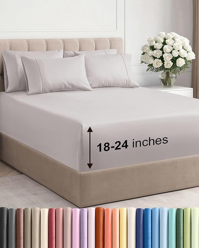 Extra Deep Cal King Sheet Set - 6 Piece Breathable and Cooling Sheets - Hotel Luxury Bedding for Women, Men, Kids & Teens - Easy & Secure Fit - Soft and Wrinkle Free - Extra Deep Pockets - Light Grey