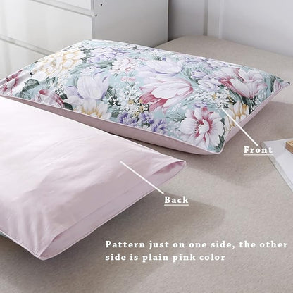 WINLIFE 100% Cotton Pillowcases Queen Size Garden Floral Printed Pillow Cases Set of 2 Soft and Breathable Cooling Pillow Case (Queen 20x30'', Purple Flower)