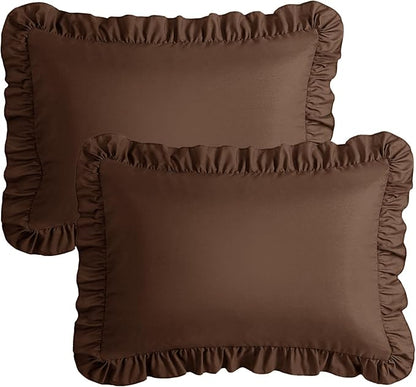 KKJIAF Ruffle Pillow Cases Standard Size Set of 2, Ruffled Pillow Covers with Envelope Closure, Wrinkle Resistant Ruffled Pillow Shams 20" x 26", Brown
