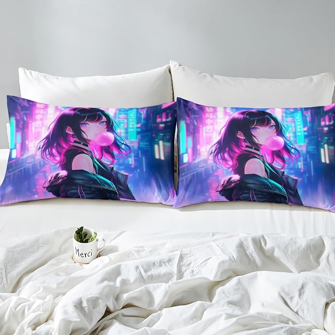 Erosebridal Anime Girl Bedding Set Queen Size, Kawaii Japanese Anime Bed Sheets for Kids Boys Teens Adult Women, Cartoon Girl Fitted Sheet Japan Animation Bedroom Decor, Machine Washable