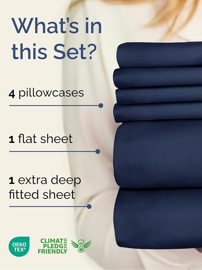 Extra Deep Full Sheet Set - 6 Piece Breathable and Cooling Sheets - Hotel Luxury Bedding for Women, Men, Kids & Teens - Easy Secure Fit - Soft, Wrinkle Free and Comfy - Extra Deep Pockets - Navy Blue