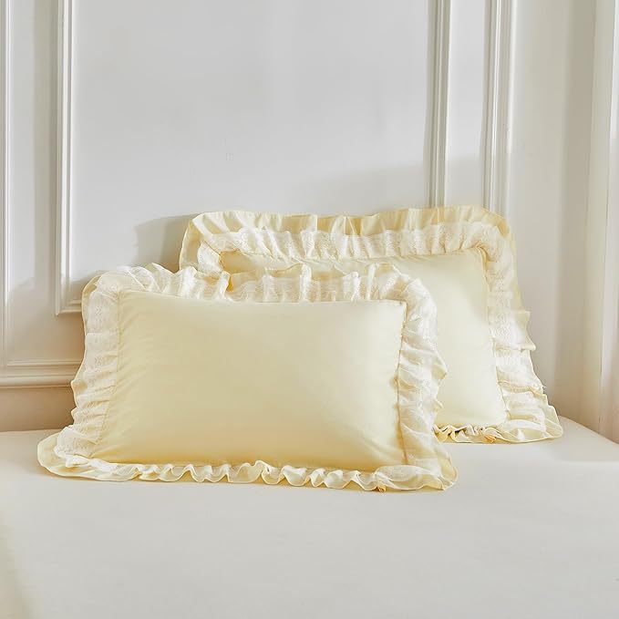 Joyreap Twin Size Comforter Set Yellow, 3pcs Lace Ruffled Bedding Comforter Set, Microfiber Vintage Boho Chic Bedding Set for All Season- 68x88 inches