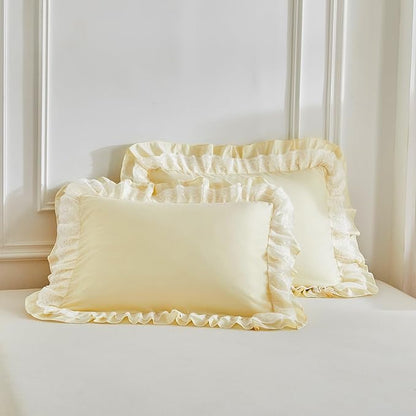 Joyreap Twin Size Comforter Set Yellow, 3pcs Lace Ruffled Bedding Comforter Set, Microfiber Vintage Boho Chic Bedding Set for All Season- 68x88 inches