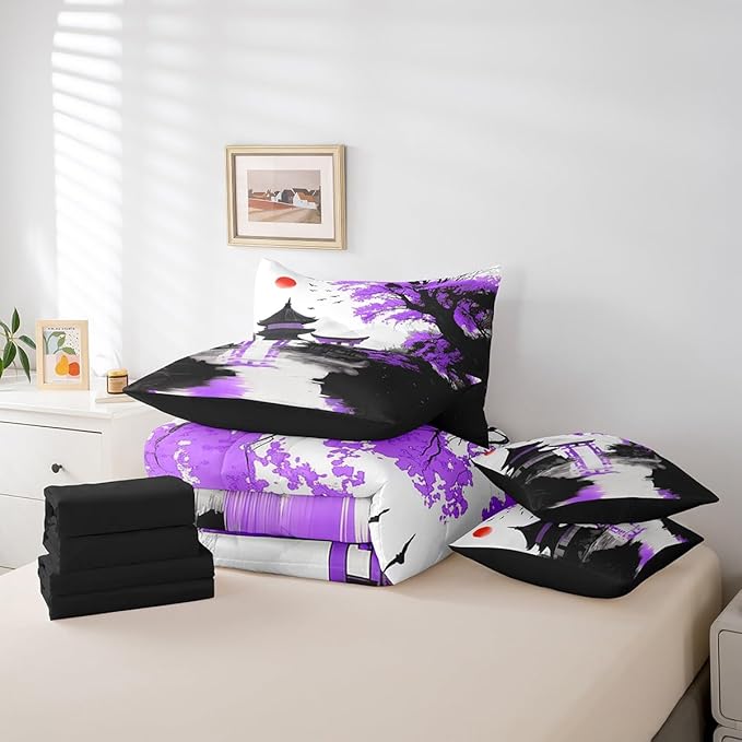 7 Piece Japanese Bedding Set With Sheets Twin Sun Cherry Blossom Comforter Set Watercolor Black Purple Mountain Sakura Floral Bed In A Bag For Girls Adults Women Asian Chinese Ink Anime Bed Set