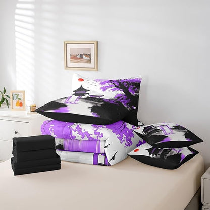 7 Piece Japanese Bedding Set With Sheets Twin Sun Cherry Blossom Comforter Set Watercolor Black Purple Mountain Sakura Floral Bed In A Bag For Girls Adults Women Asian Chinese Ink Anime Bed Set