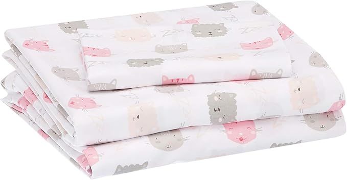 Amazon Basics Kid's Soft, Breathable, Easy-Wash Microfiber 3-Piece Sheet Set with Pillowcase, Twin, Peony Pink Kitties, Animal Print