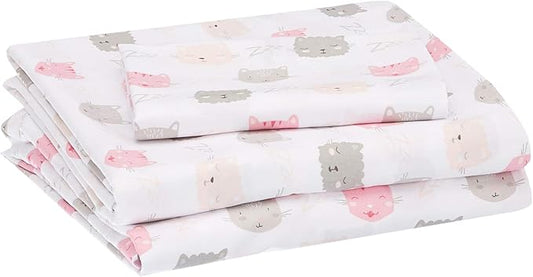 Amazon Basics Kid's Soft, Breathable, Easy-Wash Microfiber 3-Piece Sheet Set with Pillowcase, Twin, Peony Pink Kitties, Animal Print