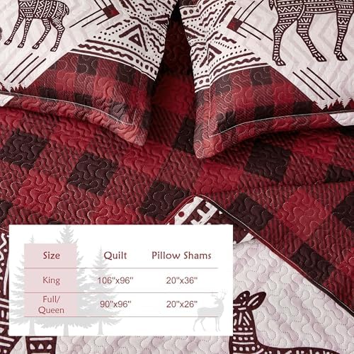 3 Piece Cabin King Size Quilt Sets Christmas Rustic Reversible Microfiber Soft Lightweight Farmhouse Bedspread Comforter with 2 Shams Patchwork Country Lodge Bedding for All Season, 106''x96'', Red