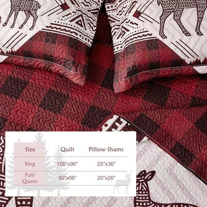 3 Piece Cabin King Size Quilt Sets Christmas Rustic Reversible Microfiber Soft Lightweight Farmhouse Bedspread Comforter with 2 Shams Patchwork Country Lodge Bedding for All Season, 106''x96'', Red