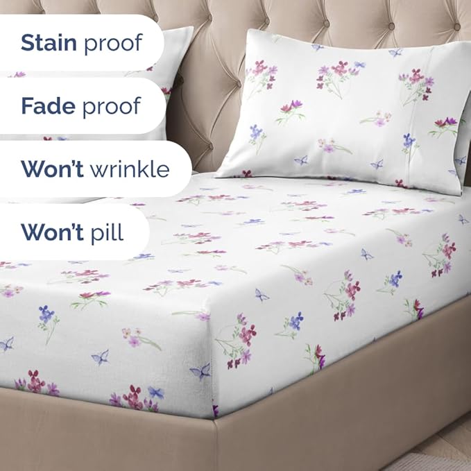 Floral Sheets - Butterfly Floral Bed Sheet Set - 1 Flat, 2 Fitted & 2 Pillowcases w/ Deep Pockets - Wrinkle & Fade Free - Boho Botanical Bedding - Soft, Breathable and Cooling - Split King Size Set