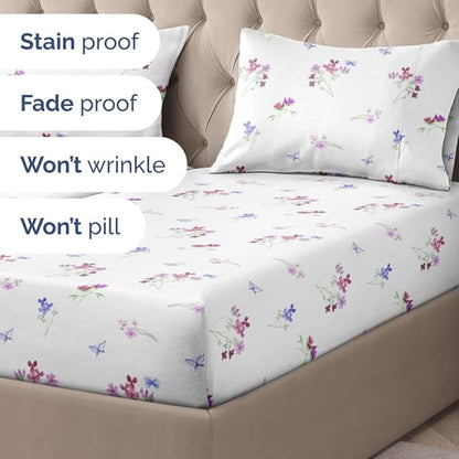 Floral Sheets - Butterfly Floral Bed Sheet Set - 1 Flat, 2 Fitted & 2 Pillowcases w/ Deep Pockets - Wrinkle & Fade Free - Boho Botanical Bedding - Soft, Breathable and Cooling - Split King Size Set