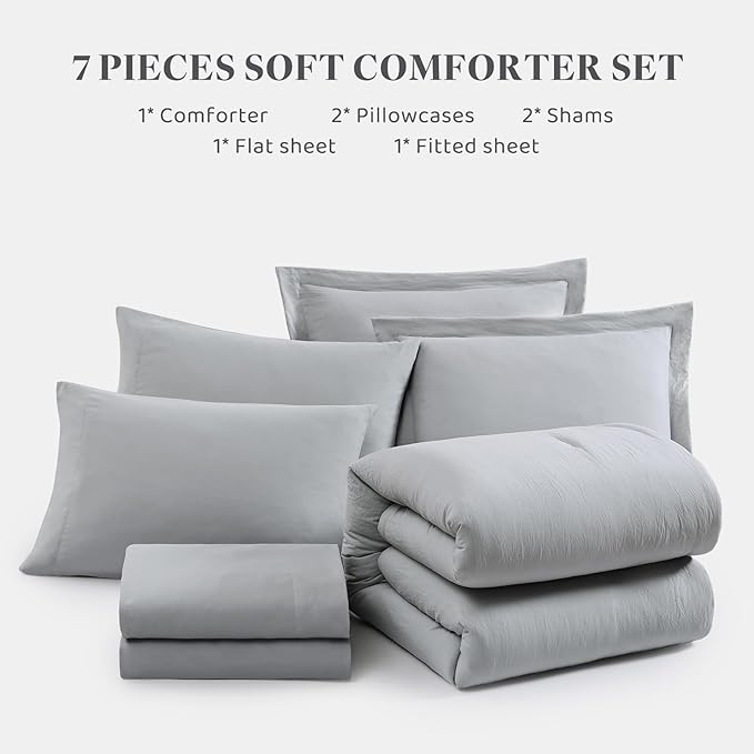 WRENSONGE Queen Comforter Set- 7 Pieces Soft Light Grey Bed in a Bag Queen with Fitted Sheet, Flat Sheet, 2 Pillow Shams, and 2 Pillowcases- Warm Bed Set for All Season