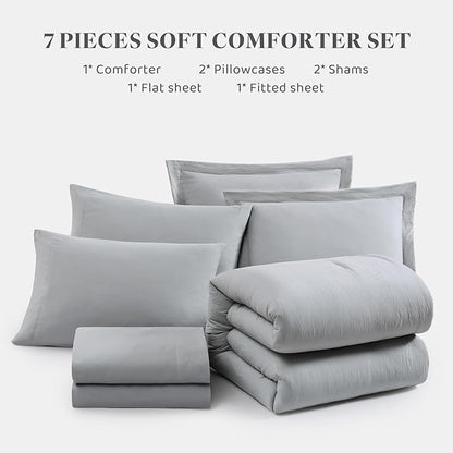WRENSONGE Light Grey King Comforter Set, 7 Pieces Soft Microfiber King Size Comforter with Fitted Sheet, Flat Sheet, 2 Pillow Shams, and 2 Pillowcases- Warm King Bedding Set for All Season