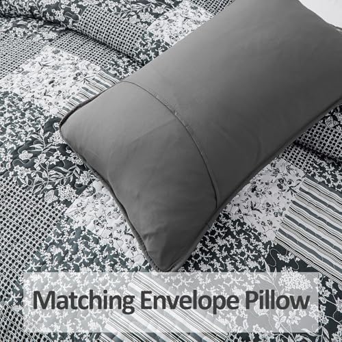 Mybedsoul Black Grey Boho Quilt Twin Size, Floral Bedspread Dorm Bedding