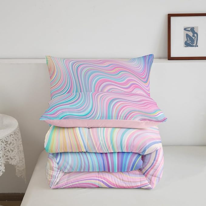 Feelyou Girls Pink Comforter Set Full Size Kids Rainbow Stripe Bedding Set for Boys Teens Women Die Tye Comforter Breathable Geometric Duvet Princess Decor Quilt,1 Comforter with 2 Pillowcase