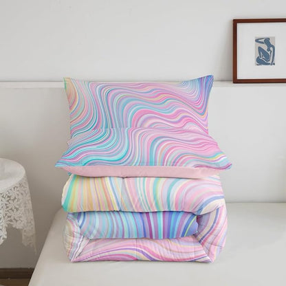 Feelyou Girls Pink Comforter Set Full Size Kids Rainbow Stripe Bedding Set for Boys Teens Women Die Tye Comforter Breathable Geometric Duvet Princess Decor Quilt,1 Comforter with 2 Pillowcase