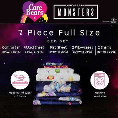 Care Bears x Universal Monsters Halloween Bedding 7 Piece Super Soft Cozy Reversible Comforter and Sheet Set with Sham, Full, (Officially Licensed Product) By Franco
