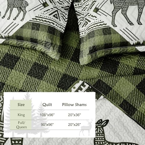 3 Piece Cabin King Size Quilt Sets Farmhouse Rustic Reversible Microfiber Soft Lightweight Bedspread Comforter with 2 Shams Patchwork Country Lodge Bedding Quilts Set for All Season, 106''x96'', Green