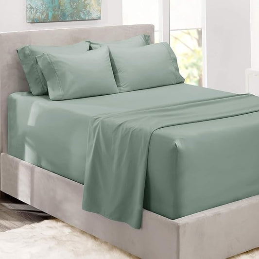 Hearth & Harbor Bed Sheets, Luxury Soft 6 Piece Bed Sheet Set Extra Deep Pocket Fitted Sheets Fits Mattress up to 21", Double Brushed Bedding Sheets & Pillowcases, Cal King, Ice Green