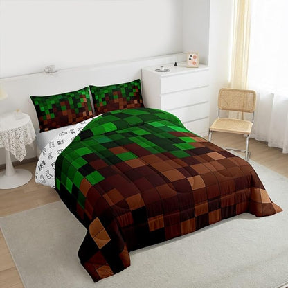 Pixelated Comforter Set Full Size,Patchwork Grid Video Games Kids Bedding Set,Miners Lattice Simple Quilt Comforter,Dark Green Brown Duvet Insert,2 Pillowcases