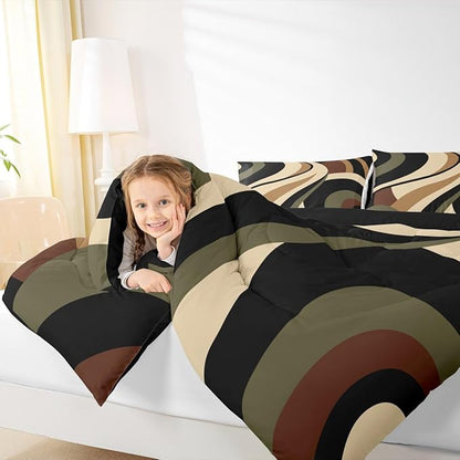 Green Brown Spiral Bedding Full Size for Adult Women Men Modern Swirls Stripes Abstract Comforter for Minimalists Boho Aesthetic Geometric Bed Sets Graffiti Art Lines Quilt Duvet Insert