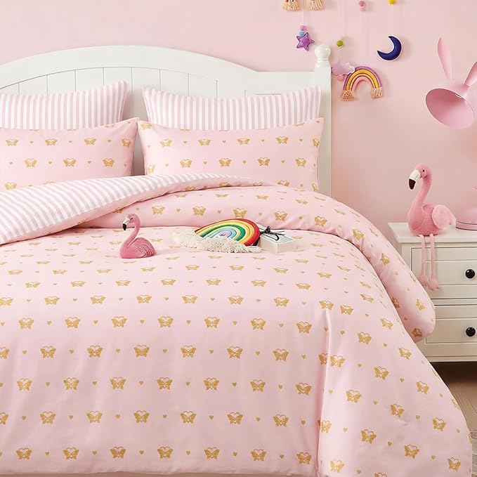 Pink Comforter Set Queen Gold Heart Butterfly Bedding Set for Girls Kids, Reversible Pink White Wide Striped Pattern, Coquette Comforter 3 Pieces, with 2 Pillowcases, Soft 100% Microfiber