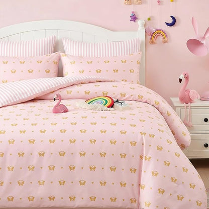 Pink Comforter Set Queen Gold Heart Butterfly Bedding Set for Girls Kids, Reversible Pink White Wide Striped Pattern, Coquette Comforter 3 Pieces, with 2 Pillowcases, Soft 100% Microfiber