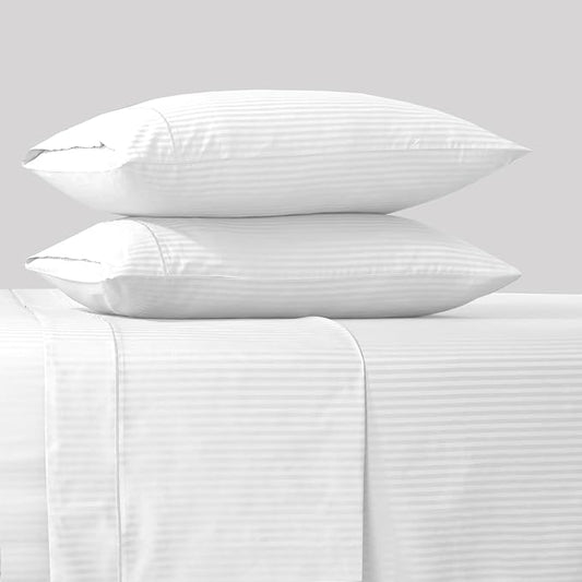 Feather & Stitch 500 TC King Size Damask Bed Sheet Set, 100% Cotton Soft Breathable Bedsheets, 4 Piece 18" Deep Pockets Sateen Weave Striped Bedding Mattress Resort Hotel Luxury- (White Stripe)