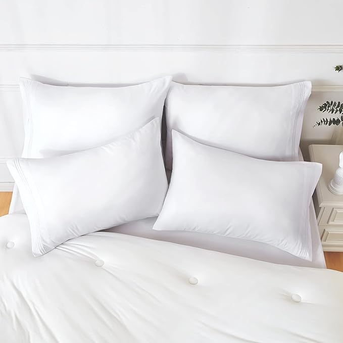 YIYEA King Pillow Cases Set of 4, Ultra Soft 1800TC Hotel Quality Double Brushed Microfiber Embroidered Pillowcases, Envelope Closure, Fade Resistant (20"x36", White)