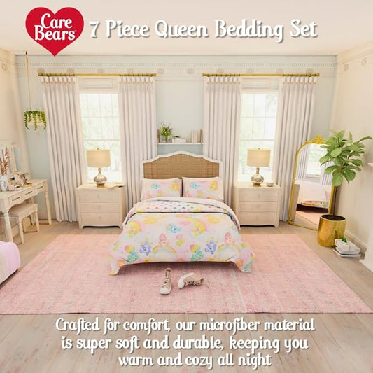 Care Bears Classic Retro Rainbow Bedding 7 Piece Super Soft Comforter and Sheet Set with Sham, Queen, (100% Official Licensed Product) by Franco Collectibles
