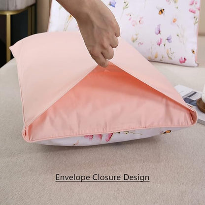 WINLIFE 100% Cotton Pillowcases King Size Pink Floral Bees Printed Pillow Cover 2 Pack, Super Soft Envelope Closure King Pillow Case Set (King, 20"x36")