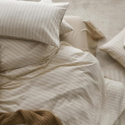 Nayoroom Beige Striped Duvet Cover Queen Size 100% Washed Cotton Duvet Cover Linen Like Textured, Reversible 3 Pieces Soft Breathable Yarn-Dyed Stripe Girls Dorm Bedding Set for All Seasons
