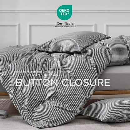 JELLYMONI Cotton Duvet Cover Queen Size - Black Vertical Pinstriped Comforter Cover with Button 100% Washed Cotton 3PCS Breathable Soft Solid Bedding Set Duvet Cover 90×90in & 2 Pillowcases