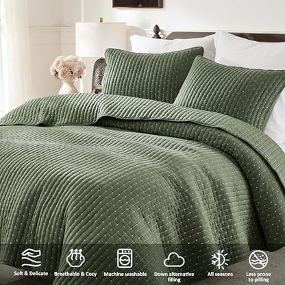 WDCOZY Olive Green Cross Stitch King Size Quilt Set, Striped Lightweight Soft Bedspread, Channel Farmhouse Rustic Coverlet, All Season Country Bedding, Thin Comforter