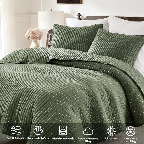 WDCOZY Olive Green Cross Stitch Twin Size Quilt Set, Striped Lightweight Soft Bedspread, Channel Farmhouse Rustic Coverlet, All Season Country Bedding, Thin Comforter