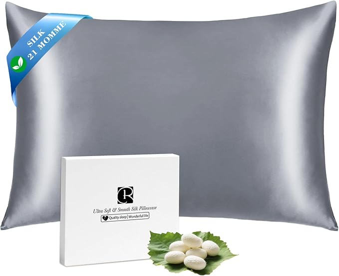 Ravmix Silk Pillow Cases with Zipper, 21momme Mulberry Silk Pillowcase for Hair Skin Health, Soft Smooth Breathable Cool Pillow Cover for Beauty Sleep with Gift Box 1PC(Queen 20"x30", Lilac Grey)