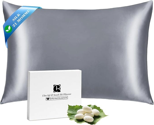 Ravmix Silk Pillow Cases with Zipper, 21momme Mulberry Silk Pillowcase for Hair Skin Health, Soft Smooth Breathable Cool Pillow Cover for Beauty Sleep with Gift Box 1PC(Queen 20"x30", Lilac Grey)