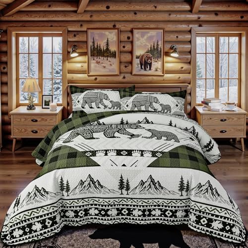 3 Piece Cabin Full/Queen Quilt Sets Farmhouse Rustic Reversible Microfiber Soft Lightweight Bedspread Comforter with 2 Shams Patchwork Country Lodge Bedding Quilts Set for All Season, 90''x96'', Green
