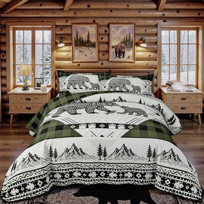 3 Piece Cabin Full/Queen Quilt Sets Farmhouse Rustic Reversible Microfiber Soft Lightweight Bedspread Comforter with 2 Shams Patchwork Country Lodge Bedding Quilts Set for All Season, 90''x96'', Green