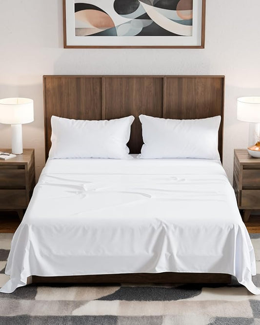 Olympic Queen Sheet Set 66x80 – Luxury RV Olympic Queen Sheets – Soft, Cooling, Comfy & Breathable - 1 Flat, 1 Fitted & 2 Pillowcases w/ 14" to 16" Deep Pockets – Wrinkle Resistant & Fade Free – White