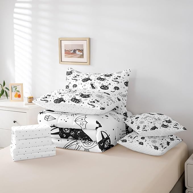 Cat Skeleton Bedding Set,Black White Wildlifes King Comforter Set with Sheets for Kids Boys Girls Teens Room Decor,Mysterious Constellation Bed in a Bag 7 Piece for Bedroom Living Room