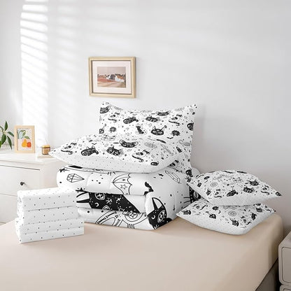 Cat Skeleton Bedding Set,Black White Wildlifes King Comforter Set with Sheets for Kids Boys Girls Teens Room Decor,Mysterious Constellation Bed in a Bag 7 Piece for Bedroom Living Room