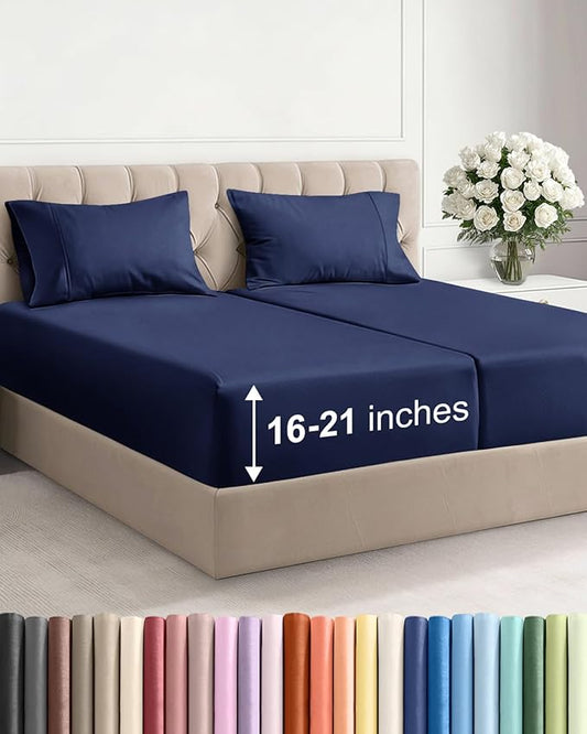 Extra Deep Pocket Split King Size Sheet Set - 5 Piece Breathable & Cooling Bed Sheets - Hotel Luxury Bedding w/ 16 to 21 inch Extra Deep Pockets - Soft, Fade & Wrinkle Resistant - Oeko-Tex - Navy Blue