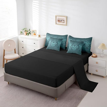 Erosebridal Gothic Damask Bed in a Bag Queen Comforter Set 7 Piece,Halloween Bat Bedding Sets Turquoise Victorian Floral Goth Sheet Set with Comforter