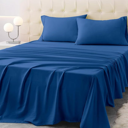 King Size Bed Sheet Set - 4 Piece Soft Microfiber Sheets with Deep Pockets, Cooling Technology, and Wrinkle-Free Pillowcase. Hotel-Quality, Durable Bedding, Prussian Blue