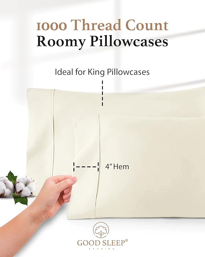 1000 TC Ivory King Pillowcases Set of 4 100% Egyptian Cotton Pillow Cases with Long Staple Cotton & Sateen Weave, Silky Soft Hotel - Like Bed Pillow Covers for Comfy Sleeping, Snug Fit