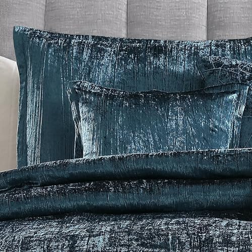 Riverbrook Home Turin Crinkle Velvet Comforter Bedding Set, King Size, Glam Textured Décor, Blue, 7 Pieces