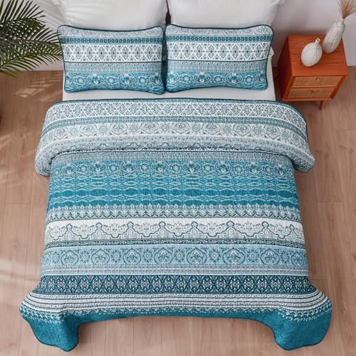 WONGS BEDDING Boho King Quilt Bedding Set, 3 Pieces Bedspread, Blue Green